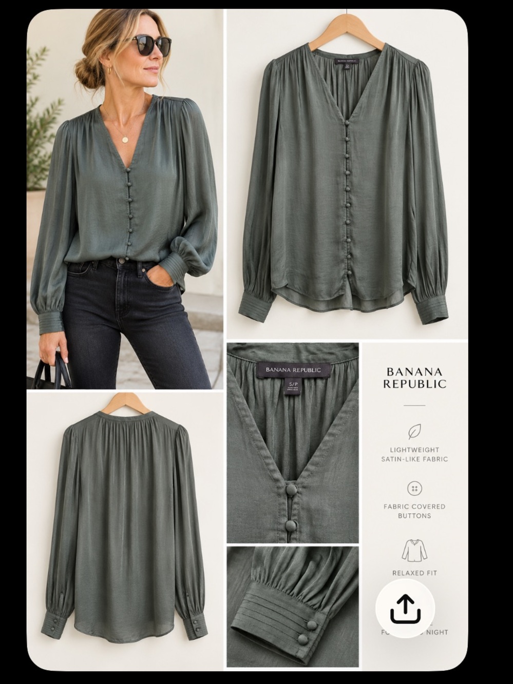 Banana Republic Emerald Green Button-Front V-Neck Blouse